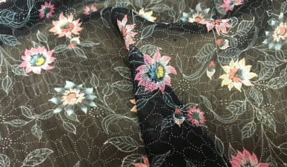 Шифон натуральный черный с цветочным принтом Ш-9080281