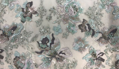 Кружево расшитое серо-зеленое КР - 3478