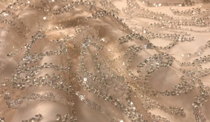 Сетка - стрейч расшитая телесная со стразами С - 040