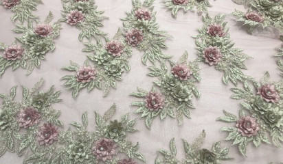 Кружево расшитое с розовыми цветами КР- 6017522