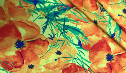 Атлас - стрейч желтый с цветочным принтом А - 032