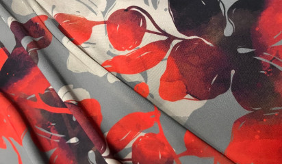 Атлас - стрейч серый с крупным цветочным принтом А - 249/2