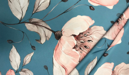 Атлас - стрейч голубой с крупным цветочным принтом А - 032