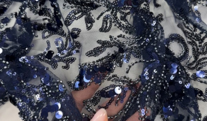 Сетка расшитая с пайетками синяя С-442