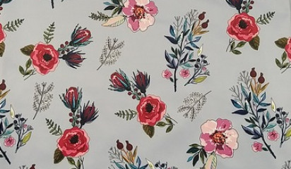 Атлас принтованный серо-голубой с мелким цветочным рисунком А-52611