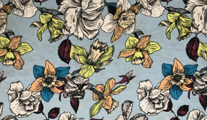 Штапель голубой с цветочным принтом ХБ-321/2