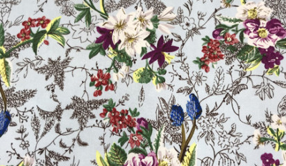 Хлопок-сатин голубой с растительным принтом ХБ-6463