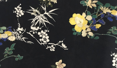 Шелк натуральный темно-синий с цветочным принтом ШЛ-33999