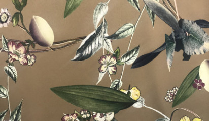 Атлас принтованный коричневый с растительным орнаментом А-032/5