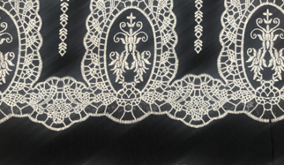 Ткань лен синий с вышивкой  056